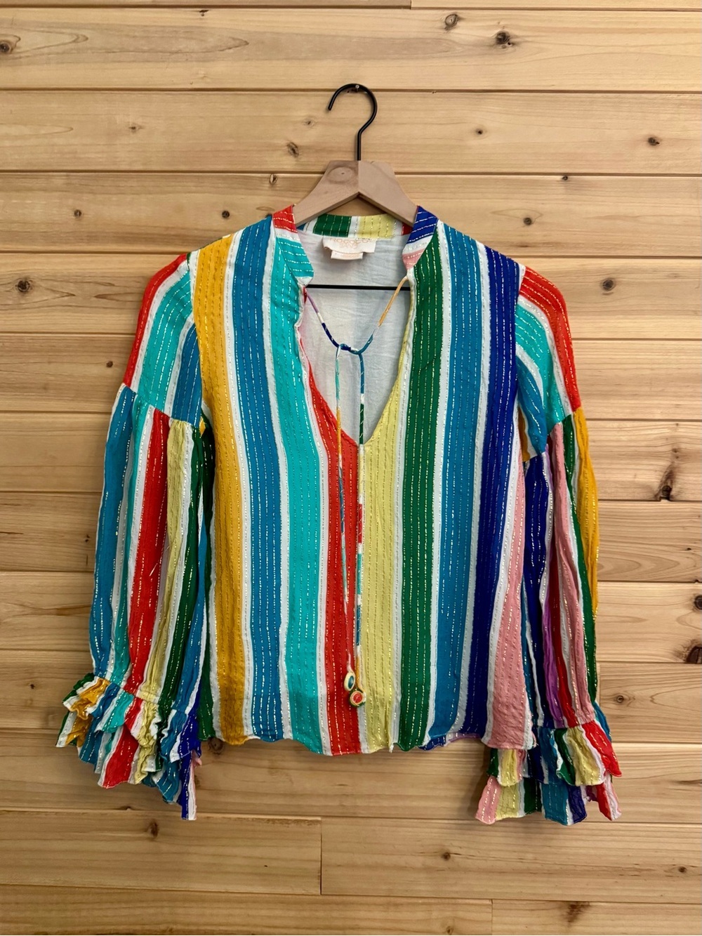 Rococo Sand Small Mirage Rainbow Metallic Stripe Blouse Tie Front Ruffle Boho
